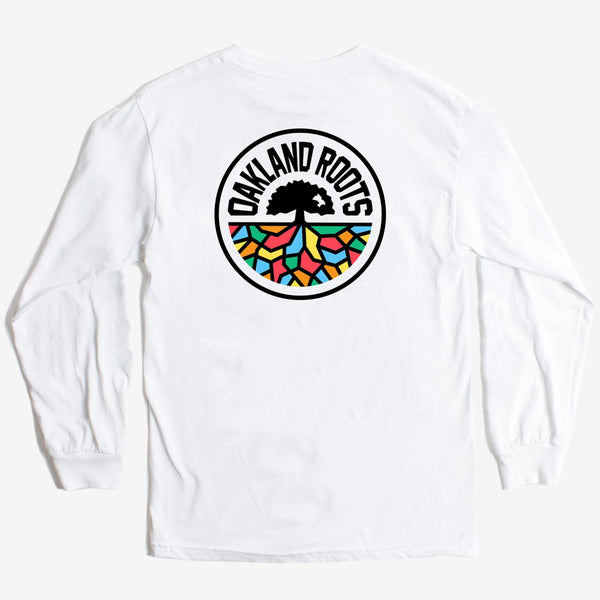Back of white long sleeve t-shirt with full-color round Roots RC logo graphic.