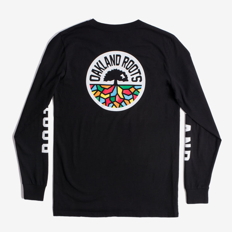 The backside of a black long sleeve t-shirt with full-color circle Roots SC logo on the back.
