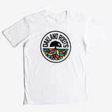White t-shirt with full-color, round Oakland Roots logo on the chest. 