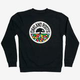 Full-color ROOTS SC mosaic circle logo on the chest of a black crew neck sweatshirt.