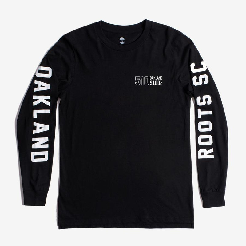 Black long sleeve t-shirt with Oakland Roots 510 logo on the chest, Oakland wordmark on left arm, and Roots SC wordmark on right arm. 