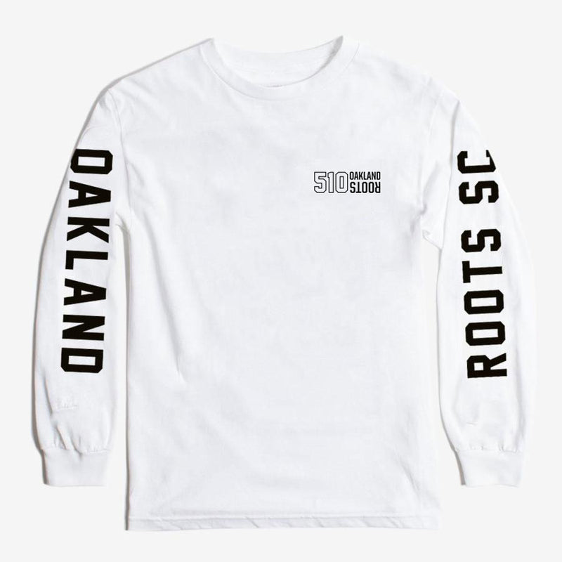 Front of white long sleeve t-shirt with black wordmark, 510 Oakland Roots (Roots is upside down), on left wear side breast.