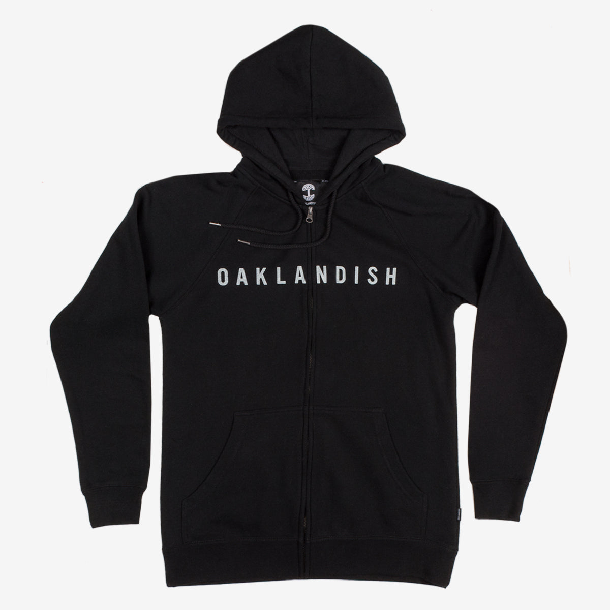 Black zip-up hooded sweatshirt with white Oaklandish wordmark on the chest.