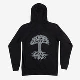The backside of a black hooded sweatshirt with a large white Oaklandish tree logo.