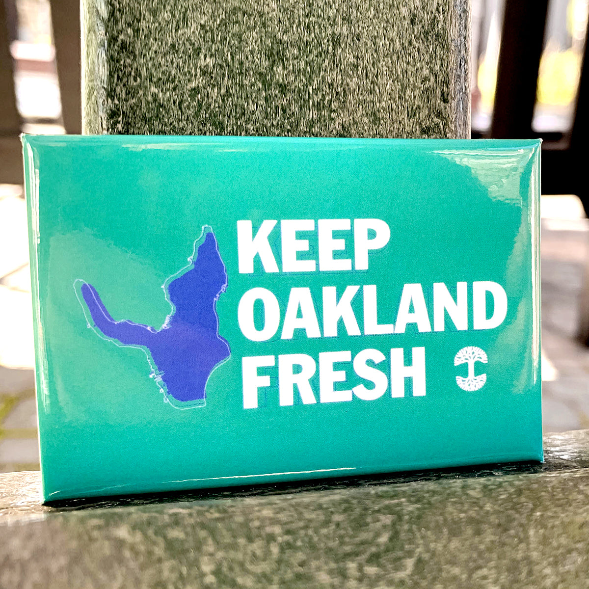 Green magnet with blue lake and KEEP OAKLAND FRESH wordmark and white Oaklandish tree logo outdoors.