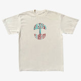 Creme t-shirt with large Oaklandish tree logo in indigo and red marbled ink on the chest.