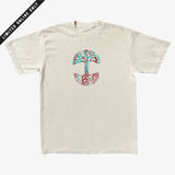 Creme t-shirt with large Oaklandish tree logo in indigo and red marbled ink on the chest.