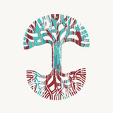 Close-up of Oaklandish tree logo in indigo and red marbled ink on the chest of a creme t-shirt.