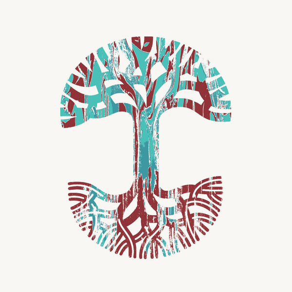 Close-up of Oaklandish tree logo in indigo and red marbled ink on the chest of a creme t-shirt.