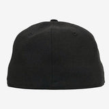 The backside of a black fitted cap.