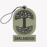 Green felt air freshener with the Oaklandish tree logo and wordmark.