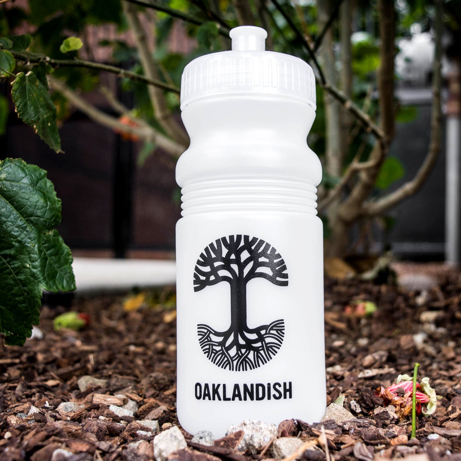 Frost white bicycle water bottle with a black Oaklandish tree logo and wordmark in a wooded outdoor area.