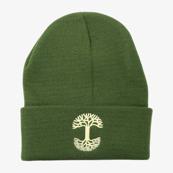 Olive green woven cuffed beanie with yellow embroidered Oaklandish tree logo on the cuff.