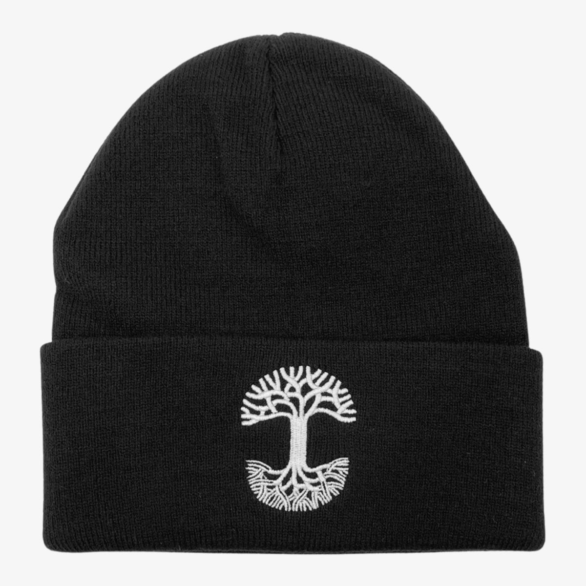 Black woven cuffed beanie with white embroidered Oaklandish tree logo on the cuff.