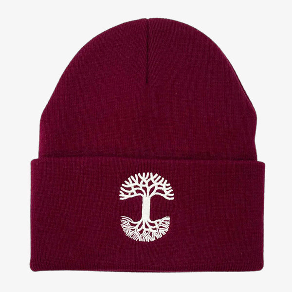 Burgundy woven cuffed beanie with white embroidered Oaklandish tree logo on the cuff.