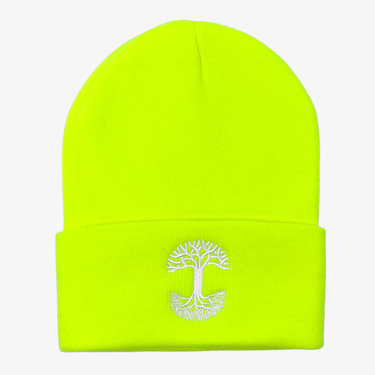 Fluorescent yellow woven cuffed beanie with white embroidered Oaklandish tree logo on the cuff.