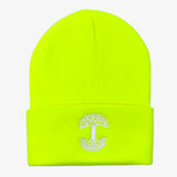 Fluorescent yellow woven cuffed beanie with white embroidered Oaklandish tree logo on the cuff.