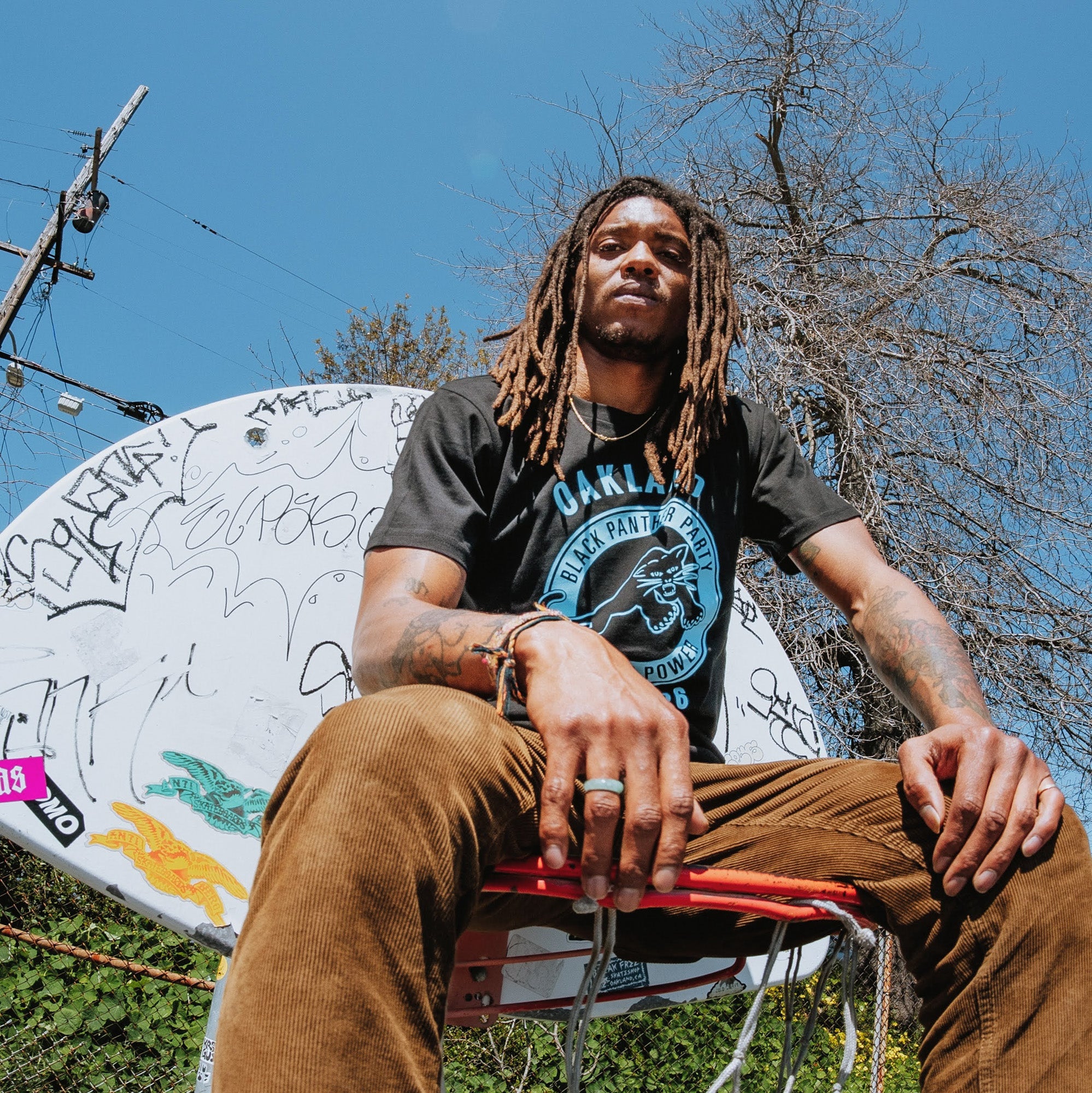 Male model sitting on basketball rim, wearing a black Black Panther Power tee.