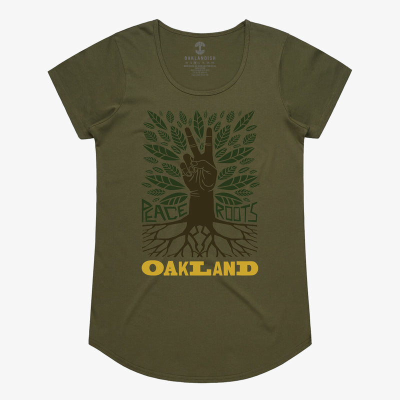 Women's t-shirt with an oak tree, green leaves, and a brown hand for a trunk with the words Peace, Roots, Oakland.