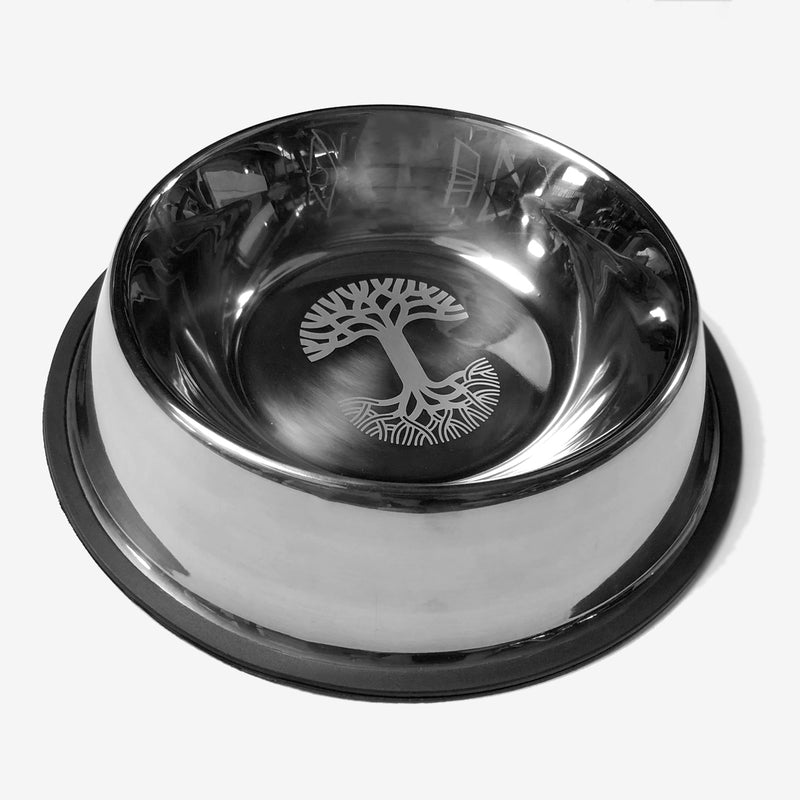 Stainless-steel 12” diameter pet food bowl with Oaklandish tree logo inside the bowl.