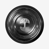 Stainless-steel 12” diameter pet food bowl with Oaklandish tree logo inside the bowl.