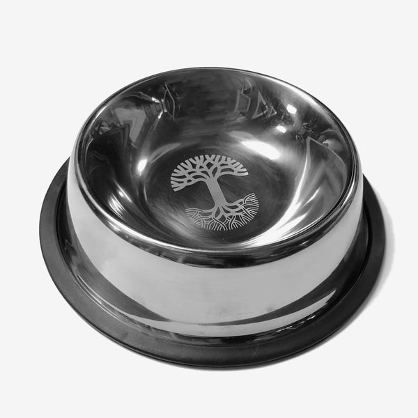 Stainless-steel 7” diameter pet food bowl with Oaklandish tree logo inside the bowl.