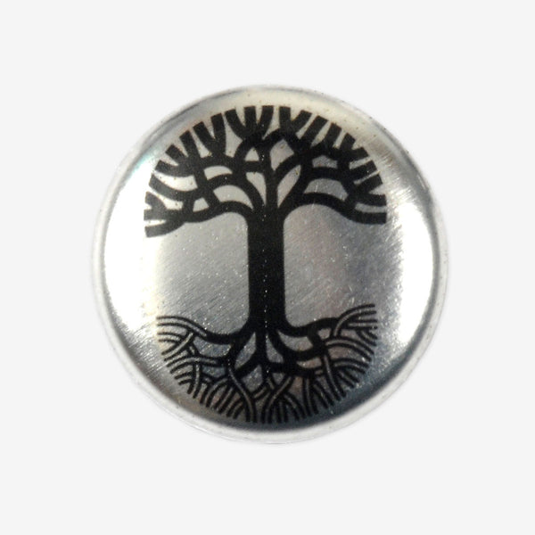 Silver metallic lapel pin wth black Oaklandish tree logo.