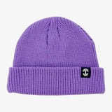 Shallow fit purple cuffed beanie with black and white Oaklandish tree logo tag on the left wear side.  