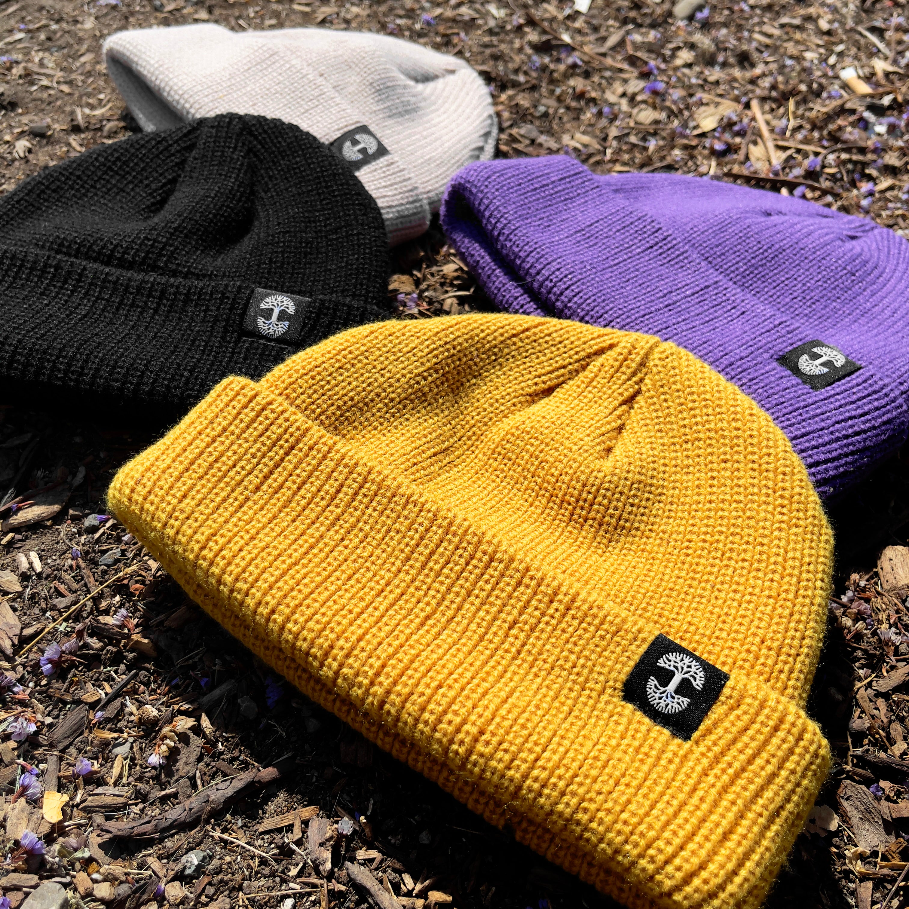 Four Ramos Beanies by Oaklandish are displayed on dirt covered with small purple petals. The headwear, available in black, white, purple, and yellow, each features a black patch with a white design on the front. The yellow Ramos Beanie is in the forefront and partially folded at the bottom for emphasis.