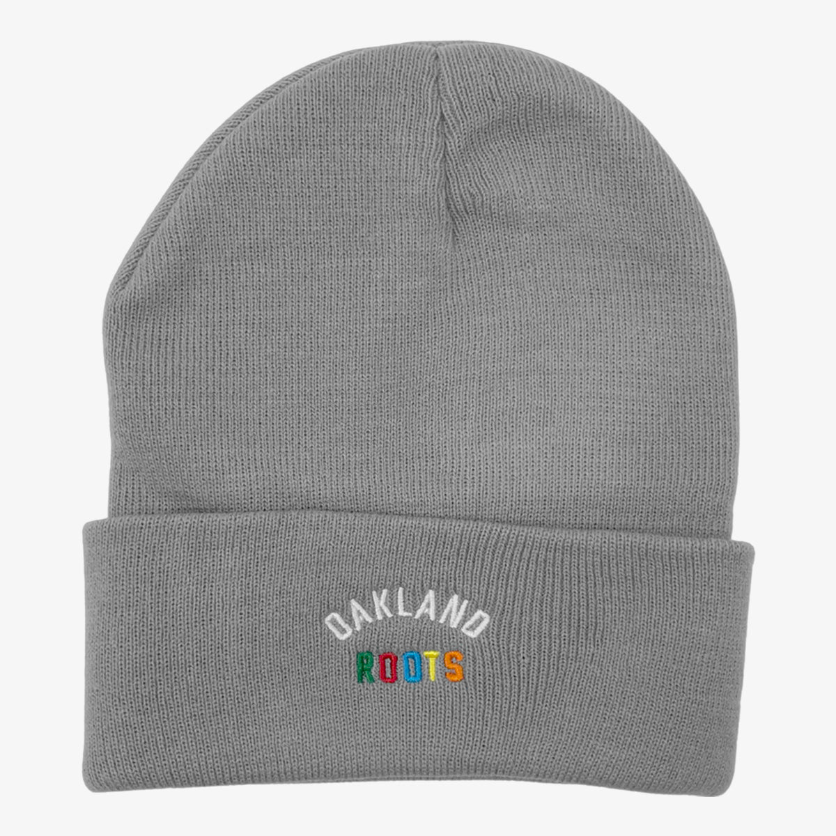 Dark grey cuffed beanie with full-color Roots SC wordmark in front middle of the cuff.