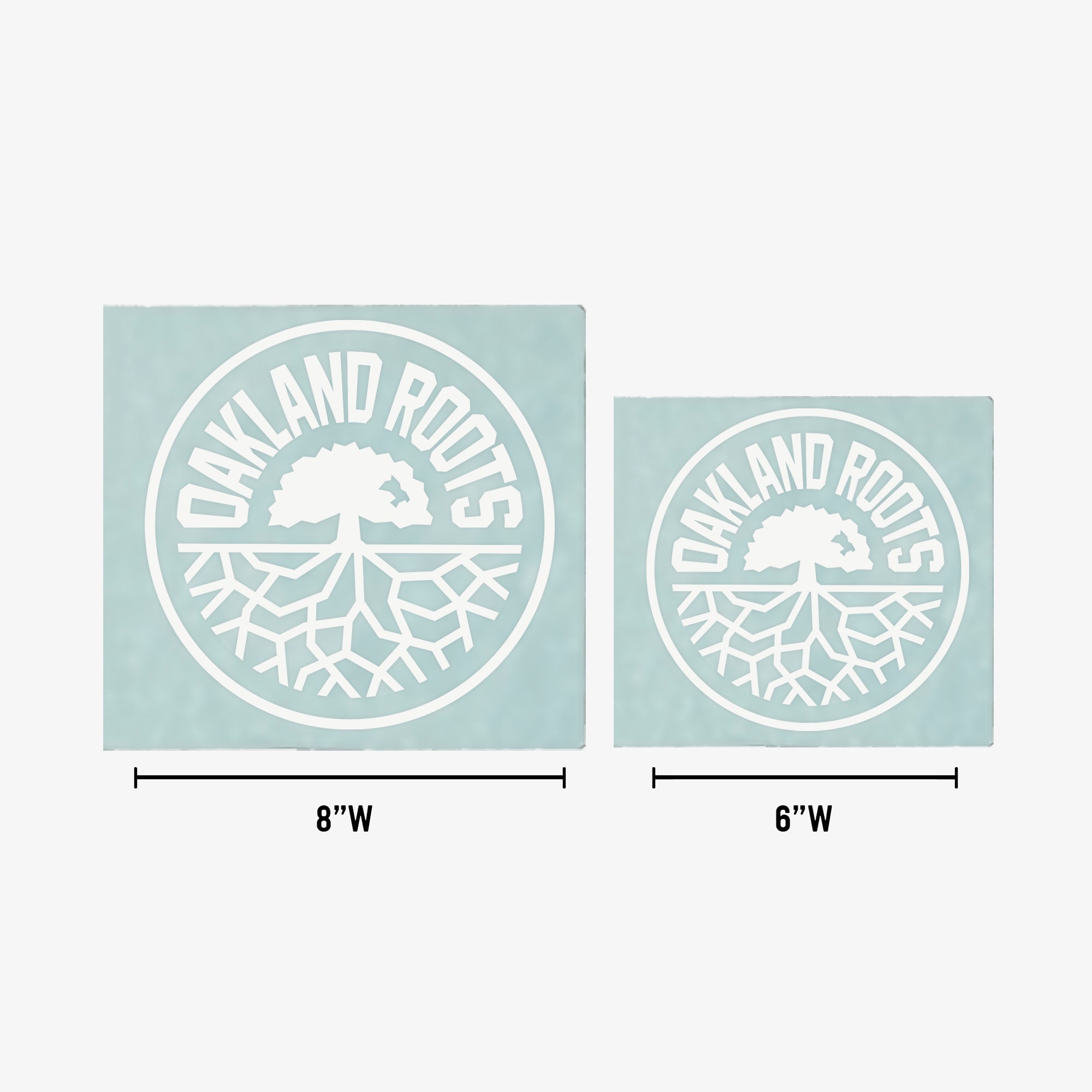 Graphic depicting the two sizes of white Oakland Roots circular logo car window stickers that are 8” wide and 6” wide.