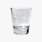 Liquor shot glass (1.75 oz) with translucent white Oakland Roots logo crest and OAKLAND ROOTS wordmark.