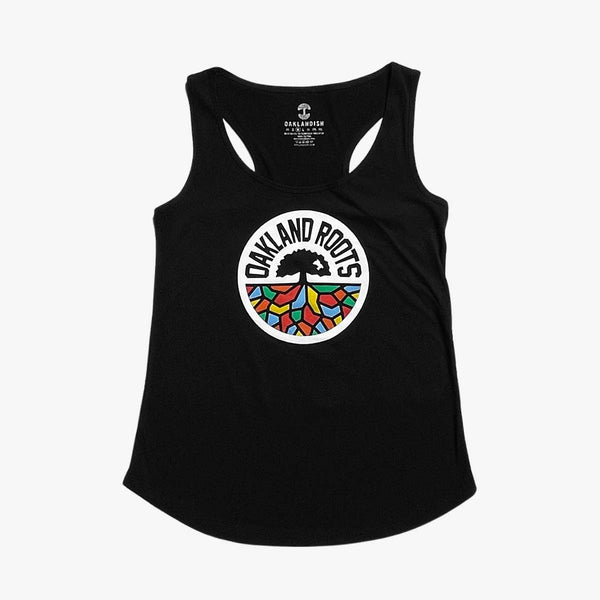 Women’s sports cut black tank top with full-color Oakland Roots circle logo on the chest.  
