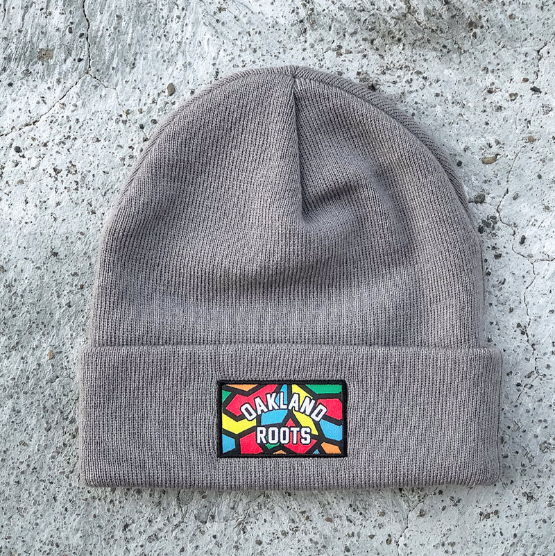 Dark grey cuffed beanie with full-color Roots SC mosaic logo in front middle of the cuff laying on the sidewalk.
