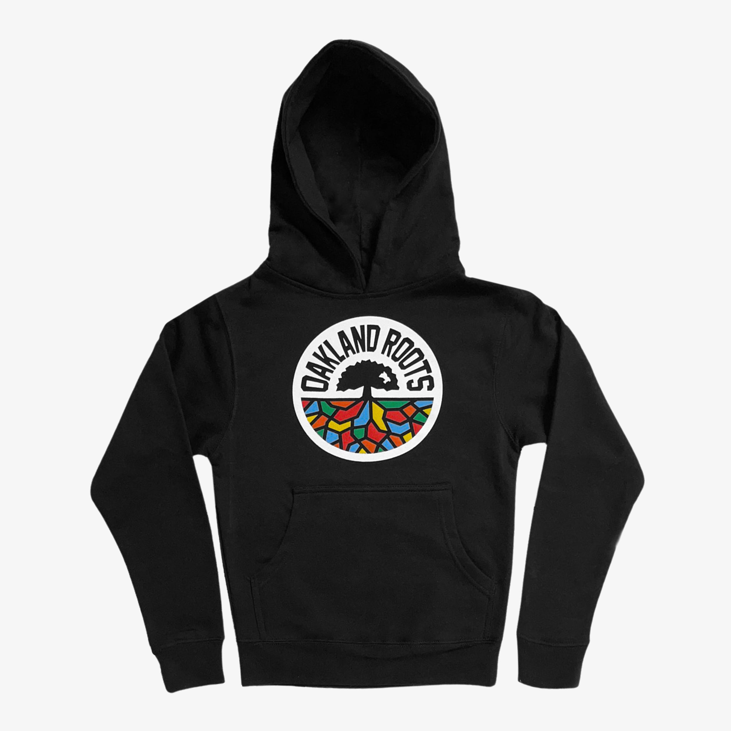 Black youth hoodie with full color Oakland Roots logo crest.