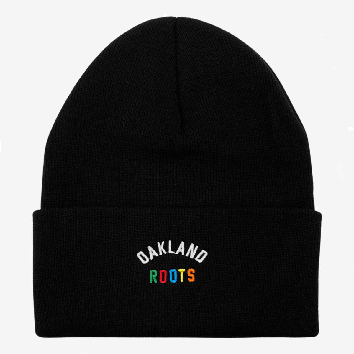Black cuffed beanie with full-color Roots SC wordmark in front middle of the cuff. 