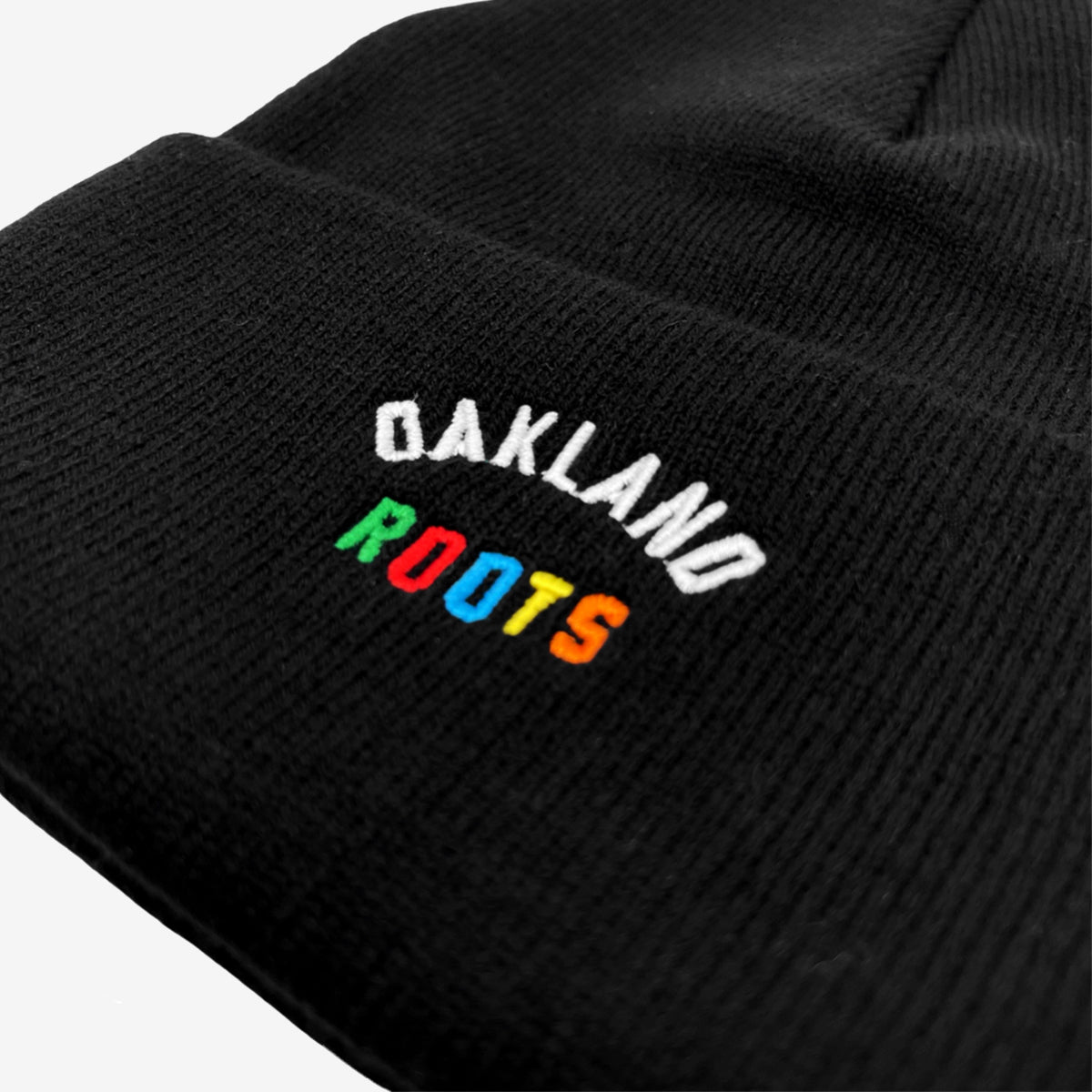 Close up of full-color Roots SC wordmark logo on a black cuffed beanie.