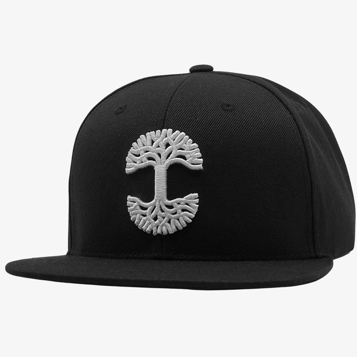 Black cap with silver embroidered Oaklandish tree logo on the front.