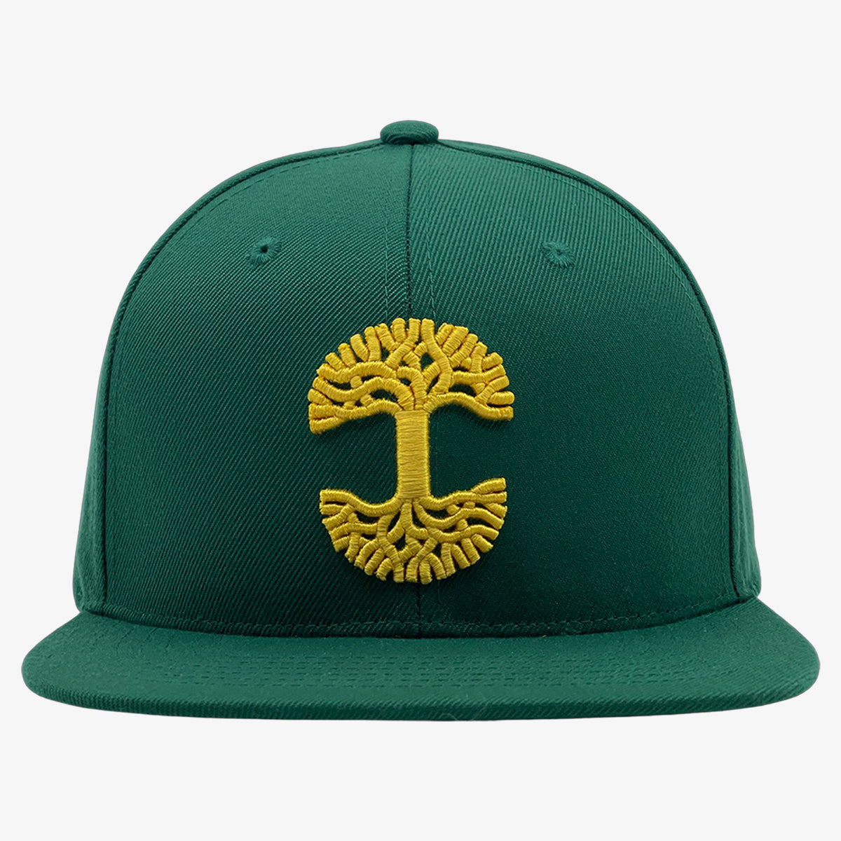 Forest green cap with gold embroidered Oaklandish tree logo on the front.