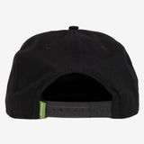 The backside of a black cap with black plastic snapback closure and a small green Oaklandish tag.