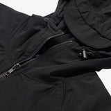 Close up of top of undone zipper and hood on a black lightweight zip up jacket. 