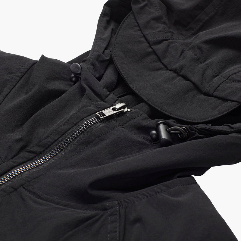 Close up of top of zipper and hood on a black lightweight zip up jacket. 