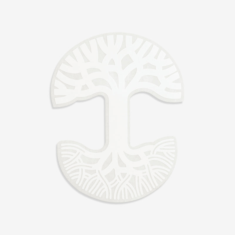 Large-sized white Oaklandish tree logo car window decal.