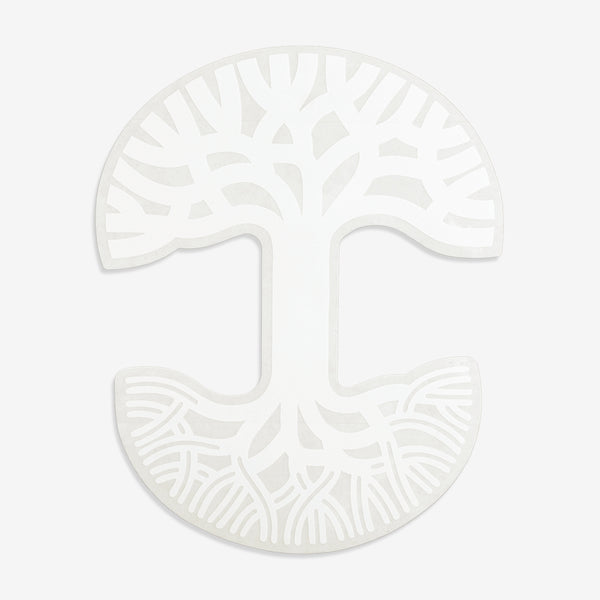 Extra-large-sized white Oaklandish tree logo car window decal.