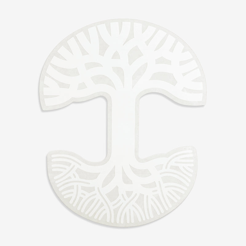 Extra-large-sized white Oaklandish tree logo car window decal.