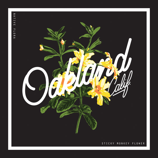 Close up of the graphic on a women's cut t-shirt featuring  yellow sticky monkey flowers overlaid with cursive Oakland wordmark in a white square.
