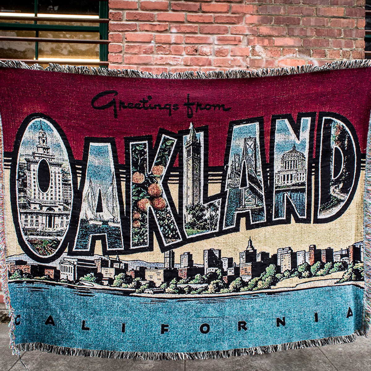 Photo image outside of throw Blanket - Greetings From Oakland, Cotton, Made in USA