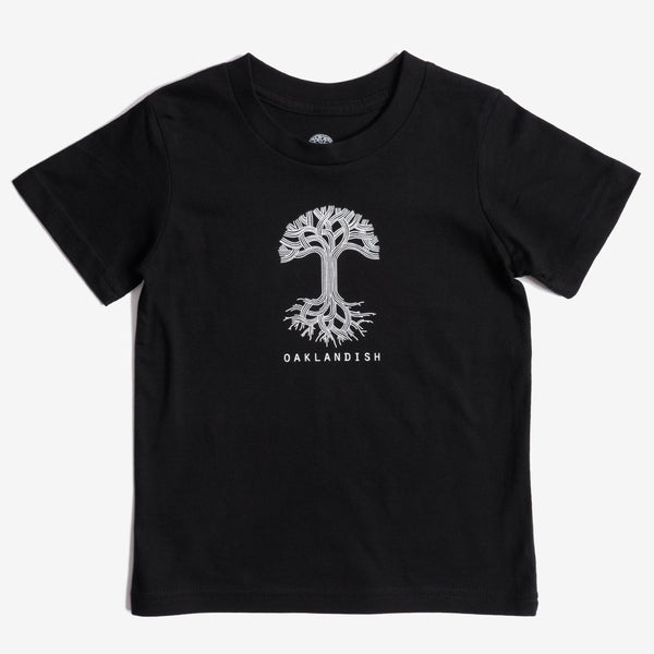  Black toddler-sized t-shirt with white Oaklandish tree logo and wordmark on the chest.