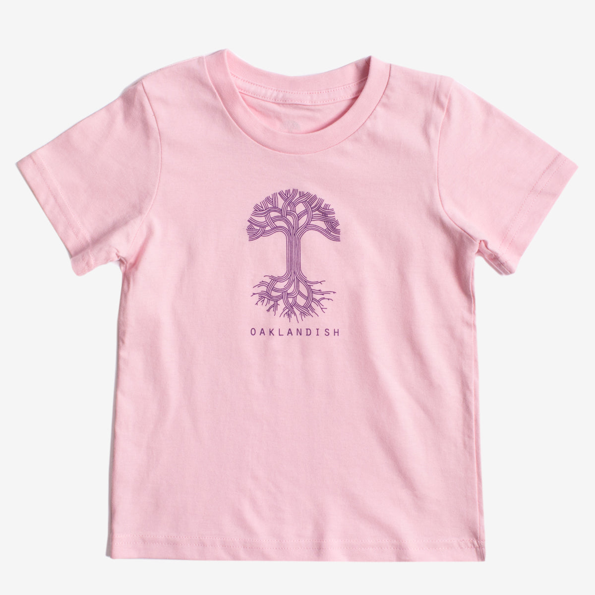 Pink toddler-sized t-shirt with purple Oaklandish tree logo and wordmark on the chest.