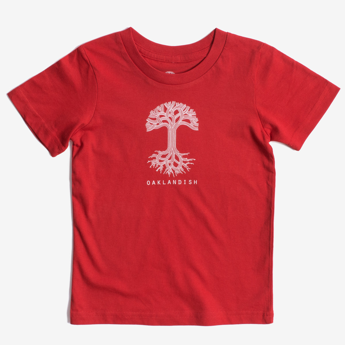 Red toddler-sized t-shirt with white Oaklandish tree logo and wordmark on the chest.